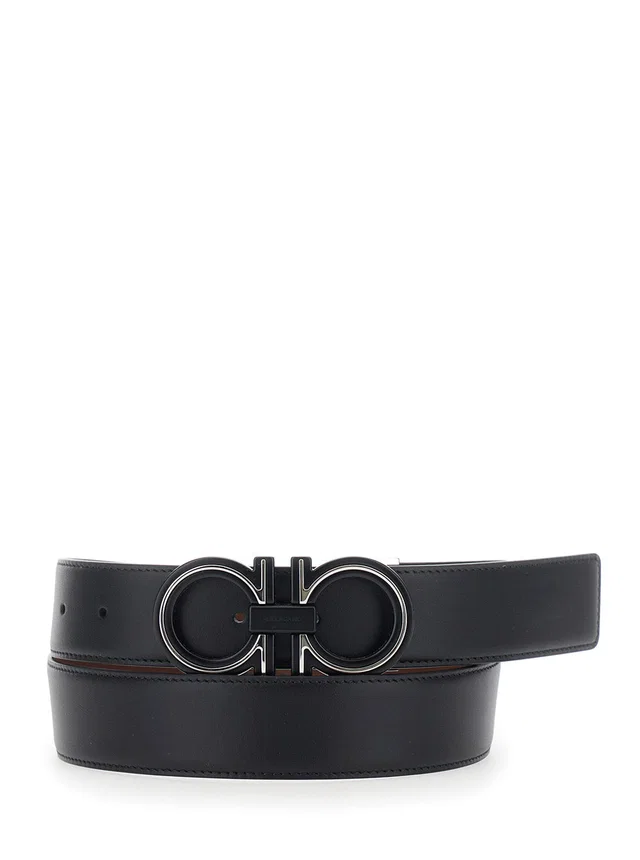 Ferragamo Reversible Leather Belt — Black Calf in Black Leather from HEWI