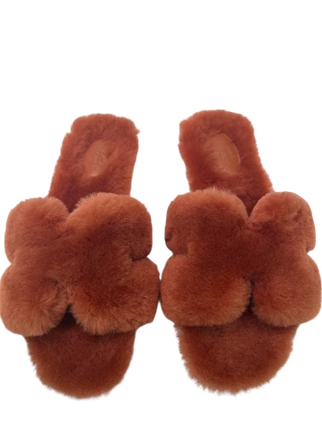 Hermès Shearling Oran Slides in Brique - #38 from Luxury Promise