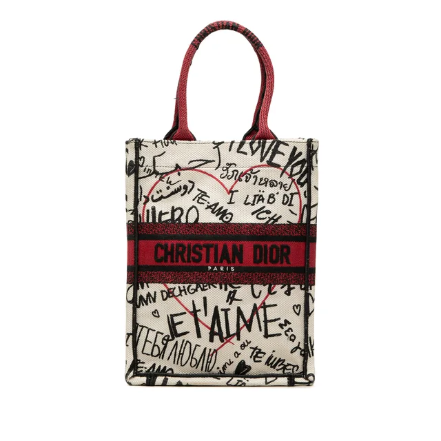 White Dior DiorAmour Embroidered Canvas Graffiti Vertical Book Tote in White Canvas from Designer Revival