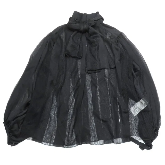 Louis Vuitton Ribbon Tie Mesh Sheer Shirt Long Sleeve Blouse Flare Top Black in Black from The Reluxe
