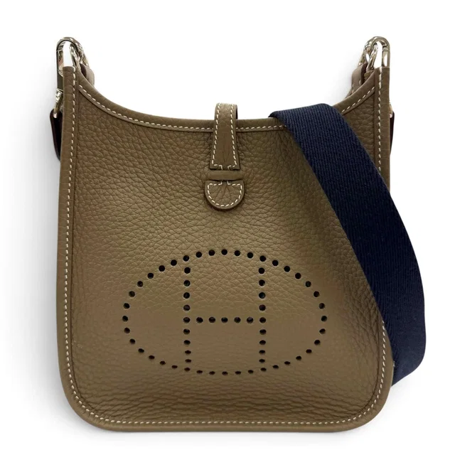Hermès Evelyne TPM Taurillon Clemence Etoupe Blue Indigo Silver Shoulder Bag in Taupe Clemence leather from The Reluxe