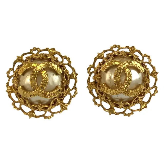 Chanel Vintage CC Logo Gold Plated Faux Pearl Earrings in Gold from The Reluxe