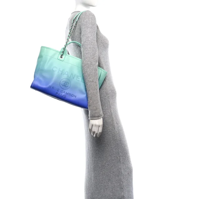 Chanel Shaded Calfskin Small Deauville Tote Light Green Turquoise Purple in Blue Calfskin from FASHIONPHILE, photo 2 of 11