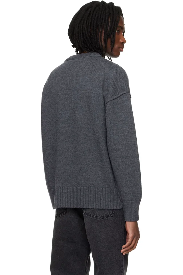 AMI Paris Gray Wool Contrasted Ami de Coeur Crewneck Sweater, photo 3 of 4 from SSENSE