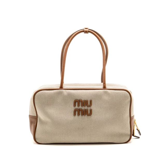 Miu Miu Large Beau Bag Canvas/Leather Beige/Brandy GHW in Beige Canvas from EMIER
