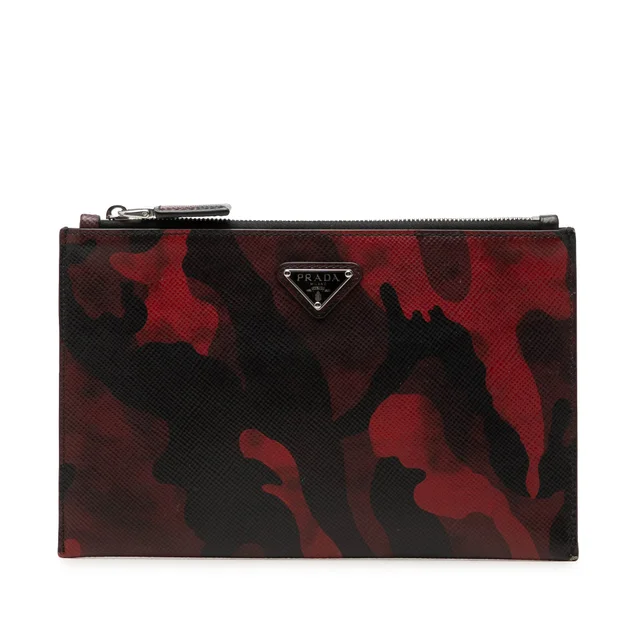 Red Prada Tessuto Camouflage Clutch in Red Saffiano leather from Designer Revival