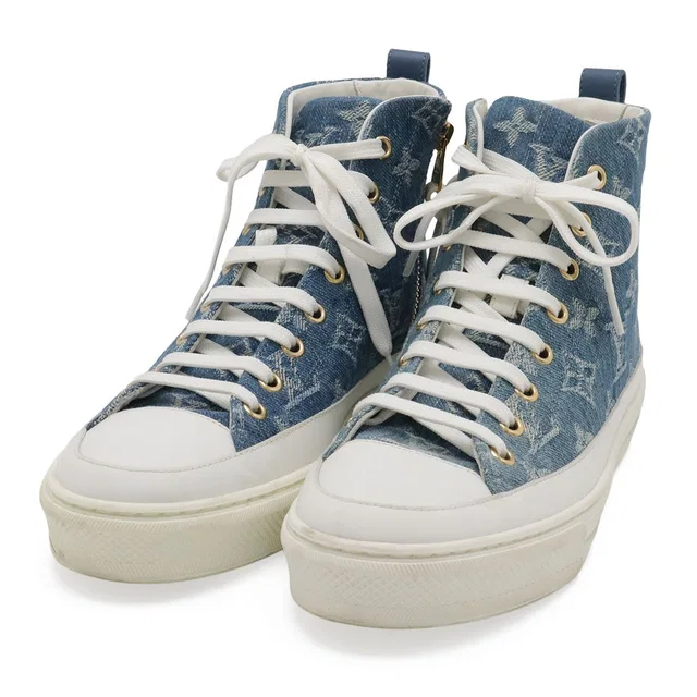 Louis Vuitton Monogram Denim Stella Line High Top Sneakers Blue White in White Denim from The Reluxe