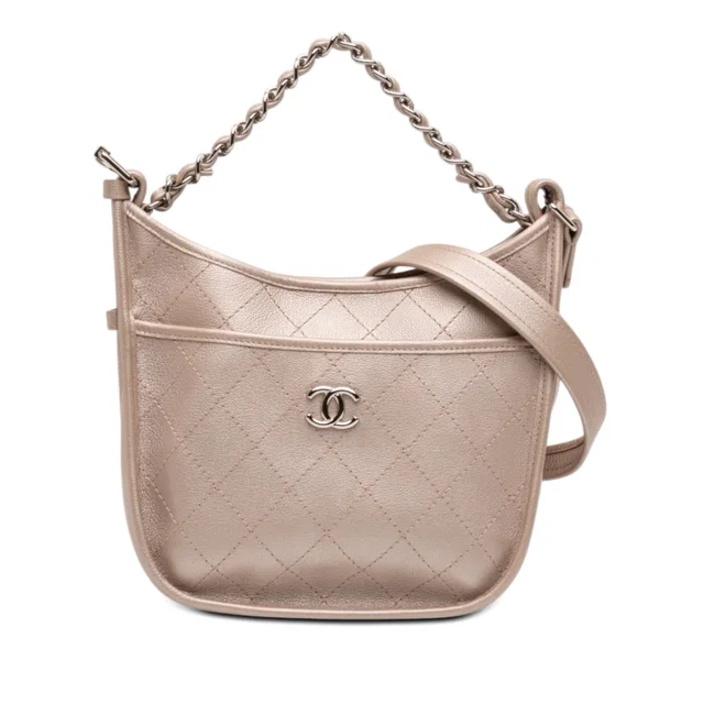 Pink Chanel Small Quilted Metallic Calfskin Jungle Stroll Hobo Satchel in Pink Calfskin from Designer Revival