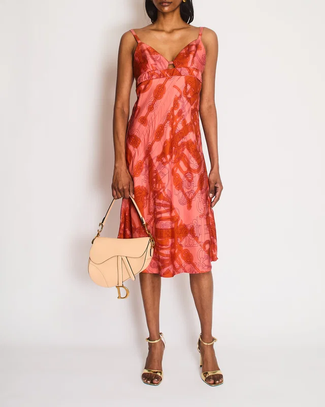 Hermès Orange and Pink Silk Midi Dress with Chain Link Print and Front Cut-Out Detail Size FR 38 (UK… in Pink Silk from Sellier