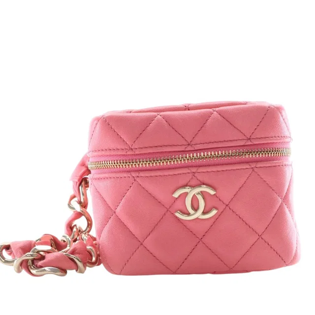 Pink Chanel Quilted Lambskin Cube Chain Wristlet Case Vanity Bag in Pink Lambskin from Designer Revival