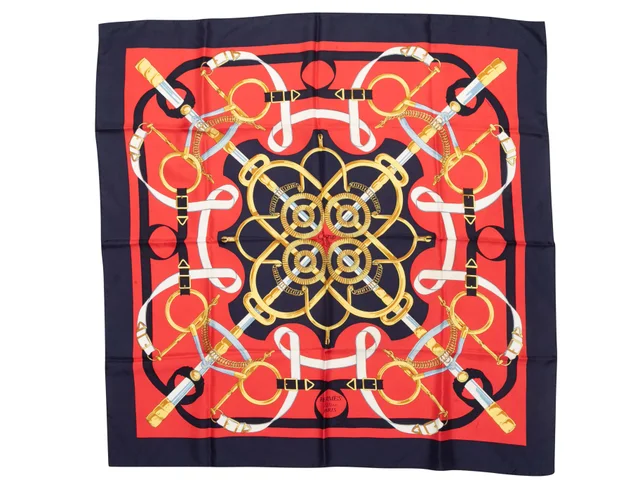 Red & Multicolor Hermes Eperon d'Or Motif Printed Silk Scarf in Red Silk from Designer Revival