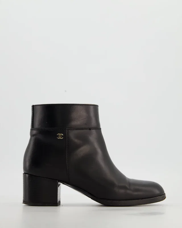 Chanel Black Leather Ankle Boots with Gold CC Logo Size EU 37 in Black Leather from Sellier