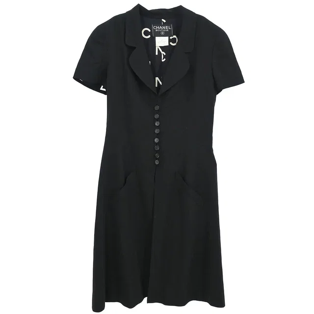 Chanel 1997 Short Sleeve Dress Black #38 in Black Wool from AMORE Vintage Tokyo