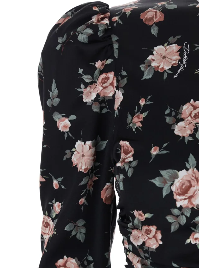 DOLCE E GABBANA Black Dress with Floral Print and Side Draping in Silk for Women in Black 9% Elastane 91% Silk, photo 4 of 5 from Gaudenzi Boutique