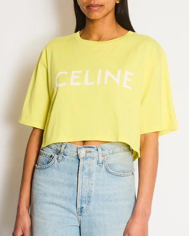 Celine Yellow Cropped Logo T-Shirt Size M (UK 8/10) in Yellow from Sellier