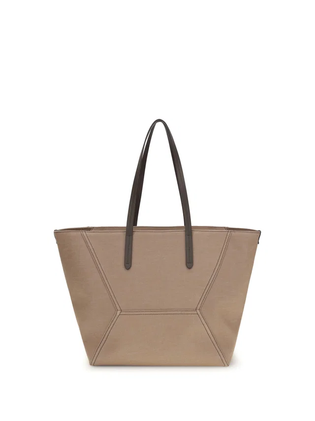 Brunello Cucinelli Canvas Tote With Geometric Seaming Bag — Beige Outer: Cotton in Beige Canvas from HEWI