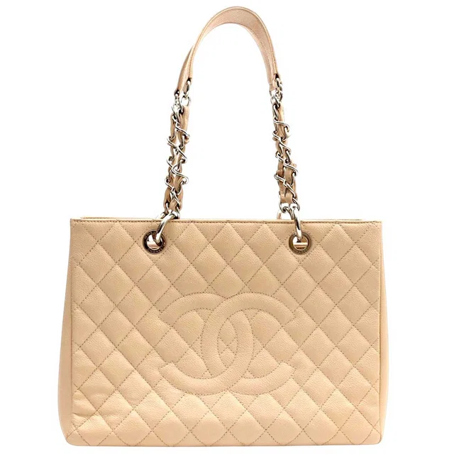 Chanel Caviar Skin CC Mark Stitch Chain Tote Bag, Light Beige, manufactured around 2014 in Beige Caviar leather from VINTAGE QOO TOKYO