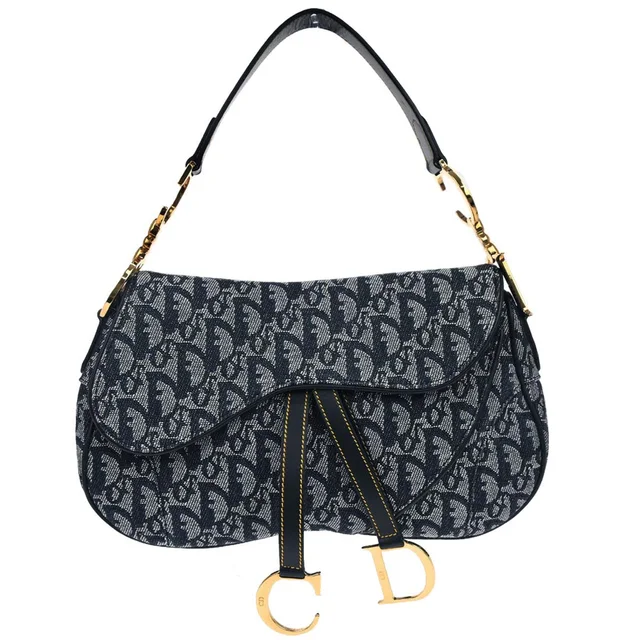 Dior Navy Trotter Double Saddle Handbag in Navy Canvas from AMORE Vintage Tokyo