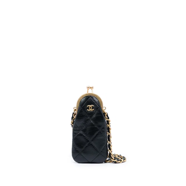 Black Chanel CC Quilted Lambskin Lipstick Case on Chain Crossbody Bag in Black Lambskin from Designer Revival