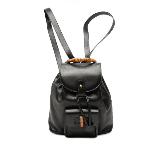 Black Gucci Calfskin Bamboo Drawstring Backpack in Black Calfskin from Designer Revival