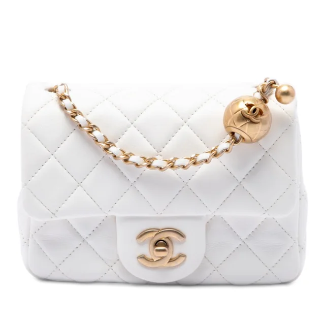 White Chanel Mini Square Classic Lambskin Pearl Crush Single Flap Crossbody Bag in White Lambskin from Designer Revival