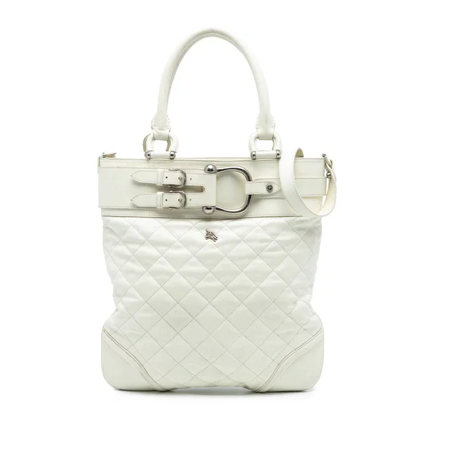 White Burberry Quilted Leather Hillgate Convertible Tote Satchel in White Leather from Designer Revival