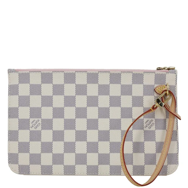 Louis Vuitton Neverfull Damier Azur Pochette Wristlet Rose Ballerine in Pink Canvas from Dallas Designer Handbags