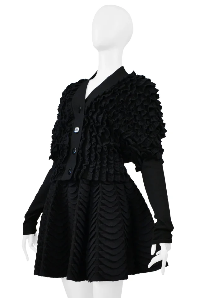 Alaïa Black Knit Ruffle Cardigan And Fan Circle Skirt Ensemble in Black Wool from Resurrection Vintage, photo 5 of 8