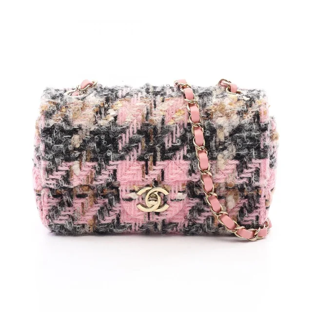 Chanel Shoulder Bag Mini Quilted 20 Pink Black White Fabric Leather Chain in Black Leather from The Reluxe