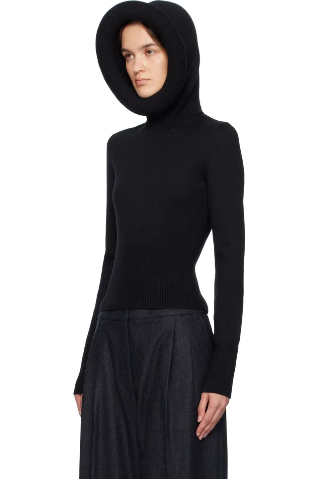 ALAÏA Black Sculptural Hood Ribbed Knit Turtleneck, photo 4 of 5 from SSENSE