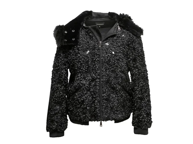 Black Emporio Armani Faux Fur-Trimmed Hooded Textured Jacket Size IT 40 in Black from Designer Revival