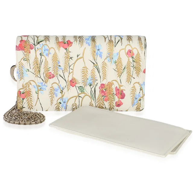 Dior Cream Multicolor Calfskin Hibiscus Clutch With Chain in White Calfskin from myGemma