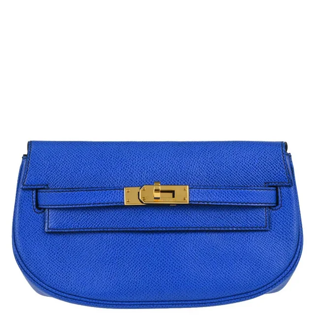 Hermès Blue France Courchevel Banana Kelly Clutch Bag in Blue from AMORE Vintage Tokyo