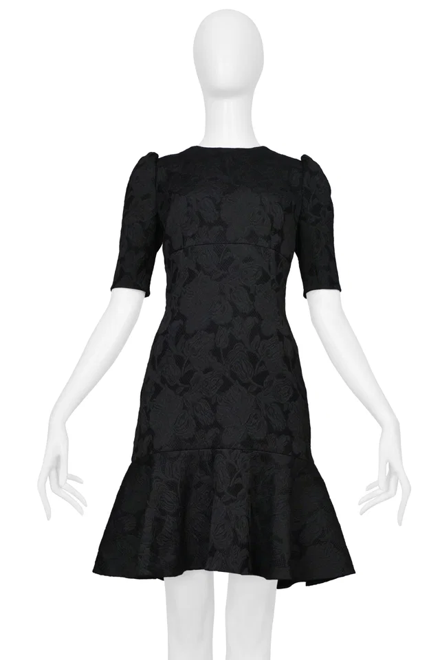 Dolce & Gabbana Black Floral Jacquard Cocktail Dress With Flounce in Black Woven leather from Resurrection Vintage