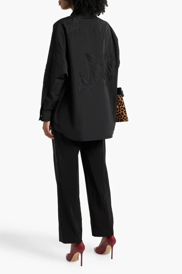 Valentino Garavani Appliquéd Cotton-Blend Faille Shirt Jacket in Black, photo 7 of 8 from THE OUTNET