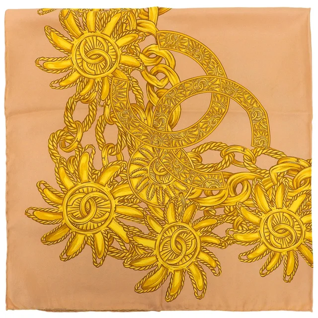 Chanel CC Mark Design Chain Pattern Scarf Beige/Yellow in Beige Silk from VINTAGE QOO TOKYO, photo 2 of 2