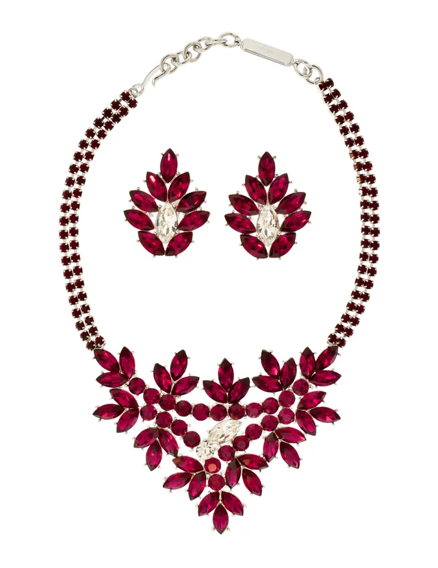 Saint Laurent Vintage Deep Magenta Rhinestone Bib Necklace and Earrings Set from Amarcord Vintage Fashion