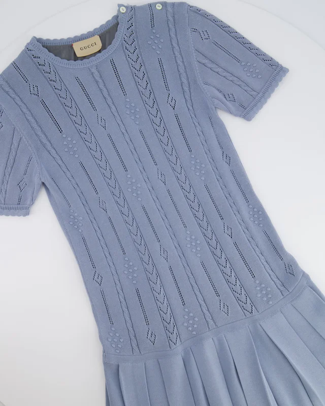 Gucci Kids Light Blue Knit Short-Sleeved Dress with Pleated Skirt Size 10 years in Blue from Sellier, photo 2 of 2