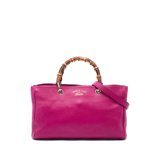 Pink Gucci Medium Calfskin Bamboo Shopper Satchel in Pink Calfskin from Designer Revival