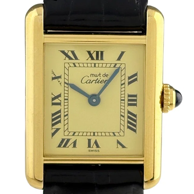 Cartier Must Tank SM Vermeil Watch 925 Sterling Silver Leather Quartz Yellow in Yellow Leather from The Reluxe