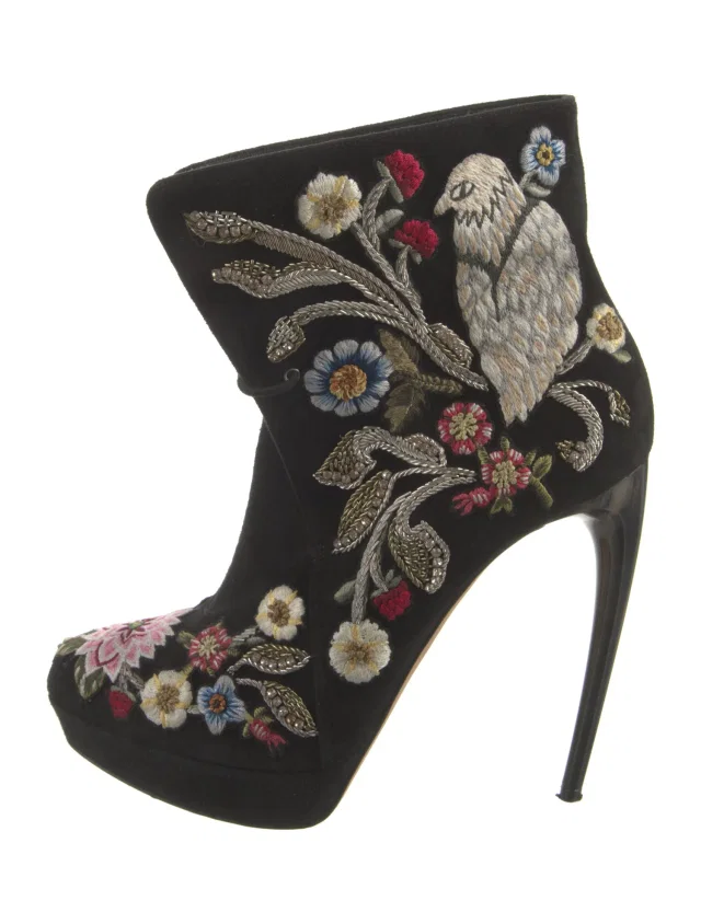 Alexander McQueen Suede Floral Print Boots in black Suede from The RealReal