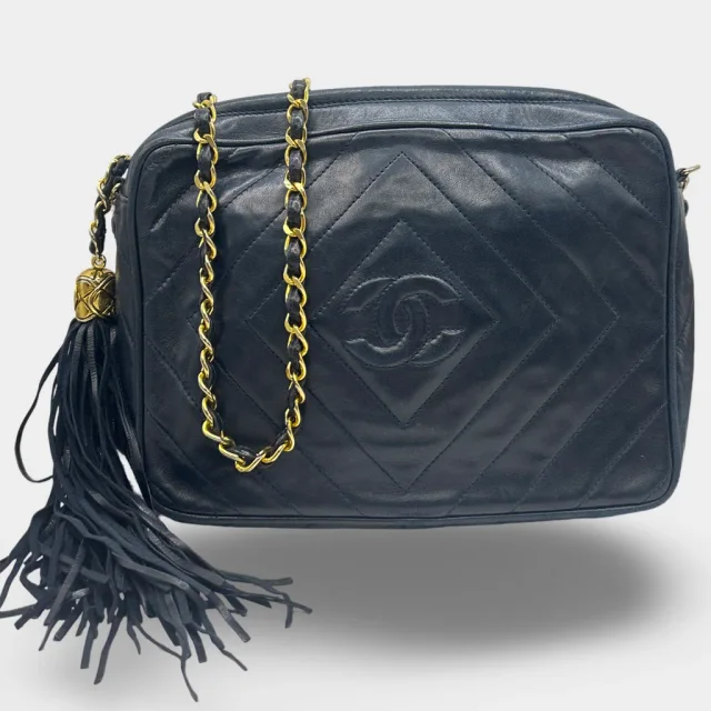 Chanel Vintage 80's Navy Diamond-Quilted Lambskin Tassel Camera Bag from Loop Generation
