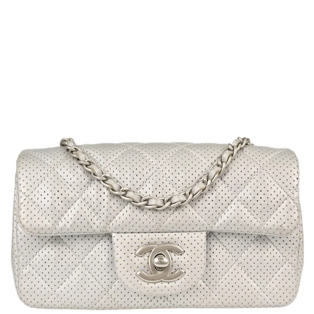 Chanel 2014-2015 Silver Perforated Lambskin Single Flap Shoulder Bag in Silver Lambskin from AMORE Vintage Tokyo