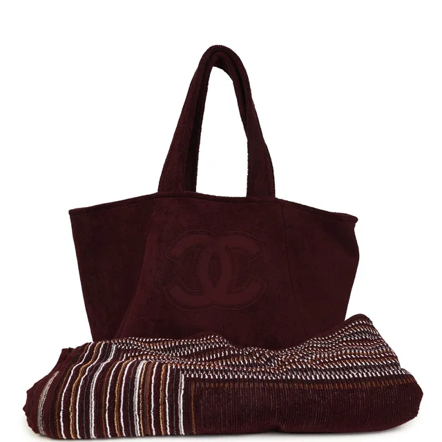 Chanel Coco Beach CC Beach Tote Bag & Towel Set Burgundy Terry Silver Hardware in Burgundy Canvas from Madison Avenue Couture