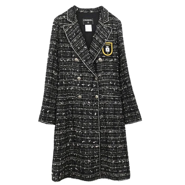 Chanel 2005 Emblem Double Breasted Long Jacket Tweed Black #34 in Black Tweed from AMORE Vintage Tokyo