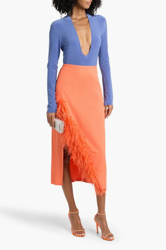 Lapointe Feather-Trimmed Crepe Midi Skirt, photo 2 of 4 from THE OUTNET