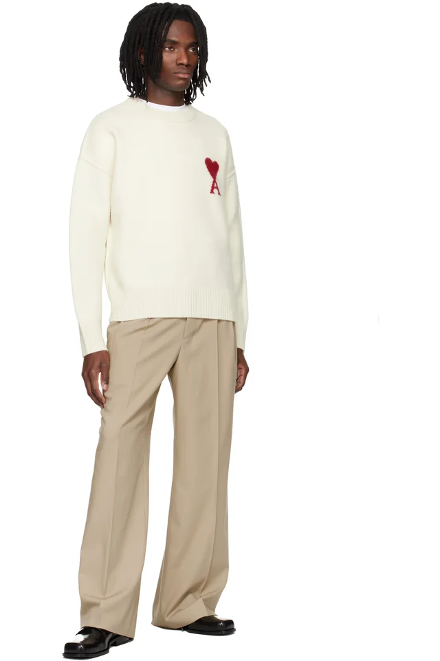 AMI Paris Off-White Wool Contrasted Ami de Coeur Crewneck Sweater, photo 4 of 4 from SSENSE