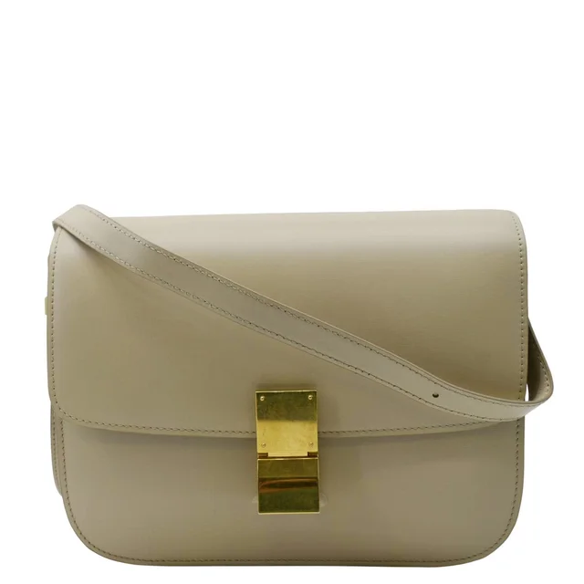 Celine Classic Box Medium Leather Flap Shoulder Bag Greige in Taupe Leather from Dallas Designer Handbags