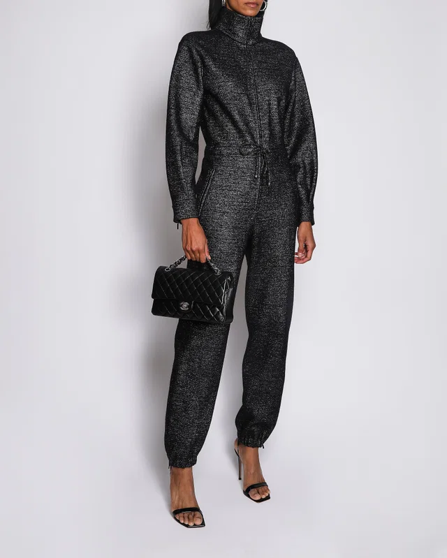 Chanel Black Glittery Long Sleeve Jumpsuit with ZIp Detail Size FR 36 (UK 8) in Black Silk from Sellier