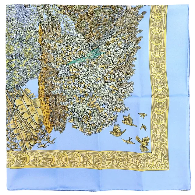 Hermès Carré 90 Les Légendes de l'Arbre Scarf Light Blue/Beige in Beige Silk from VINTAGE QOO TOKYO